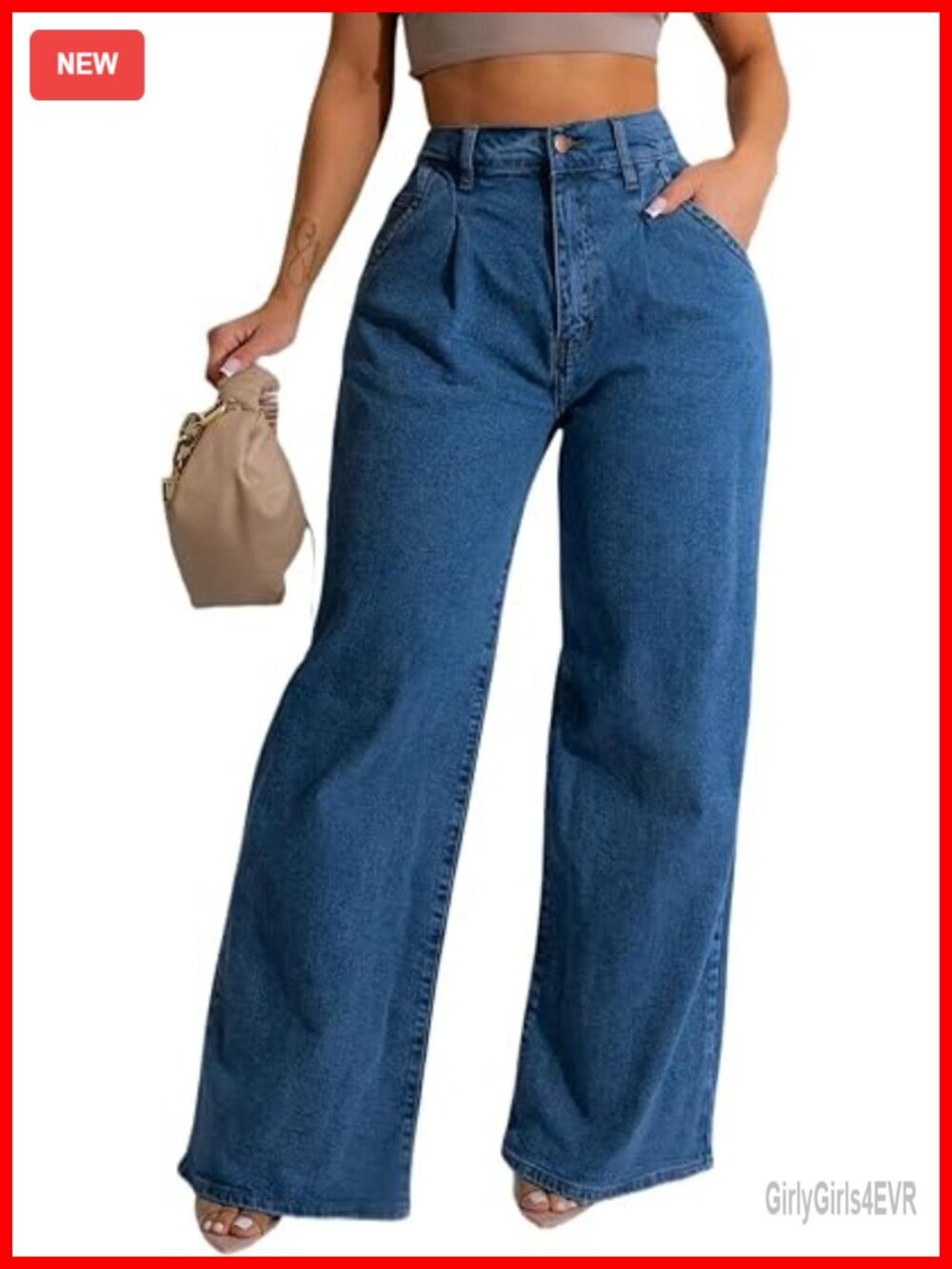 Wide Leg High Waist Stretchy Baggy Loose Casual Denim Pants with Pockets